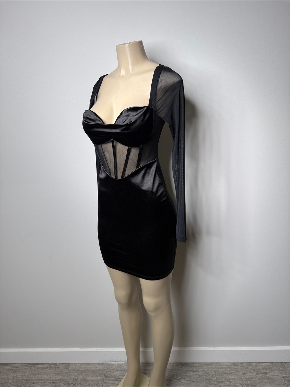 Princess Polly Black Satin & Mesh Long Sleeve Corset Mini Dress - Picture 5 of 9